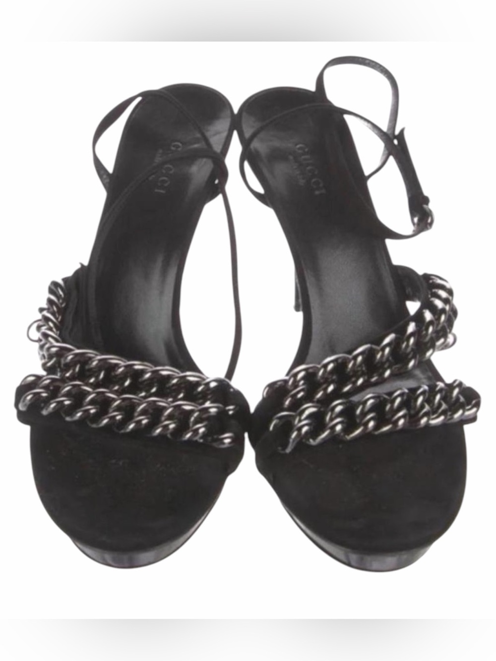 Gucci Black Gunmetal Silver Chain Heels